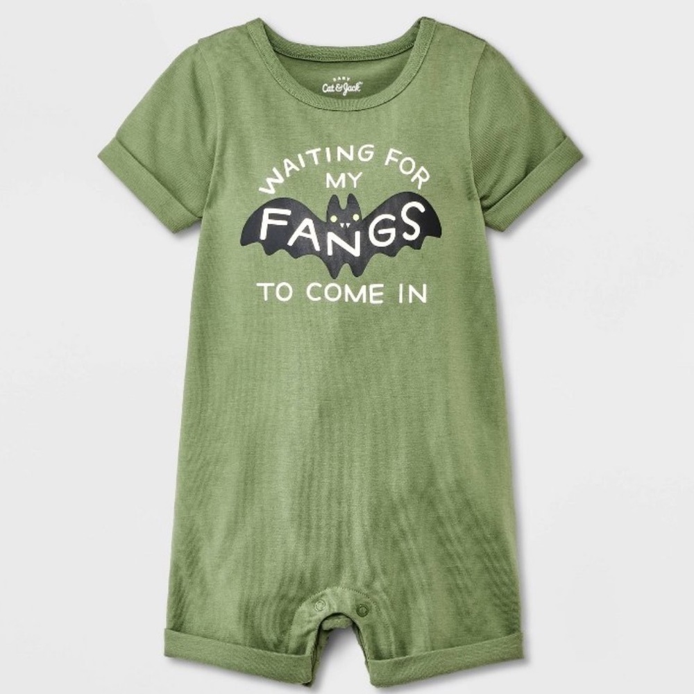 Baby Bat Graphic Romper (WAITING FOR MY FANGS TO COME IN) - Green / 3-6 MONTHS
